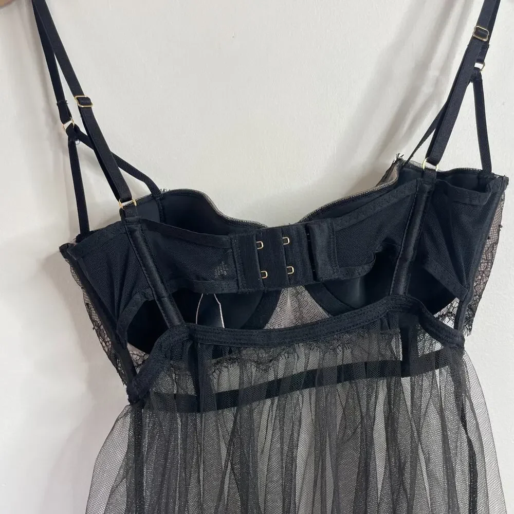 Victorias Secret Y2K Lace Babydoll Slip Dress 34C Sheer Mesh Bustier Top Vampy